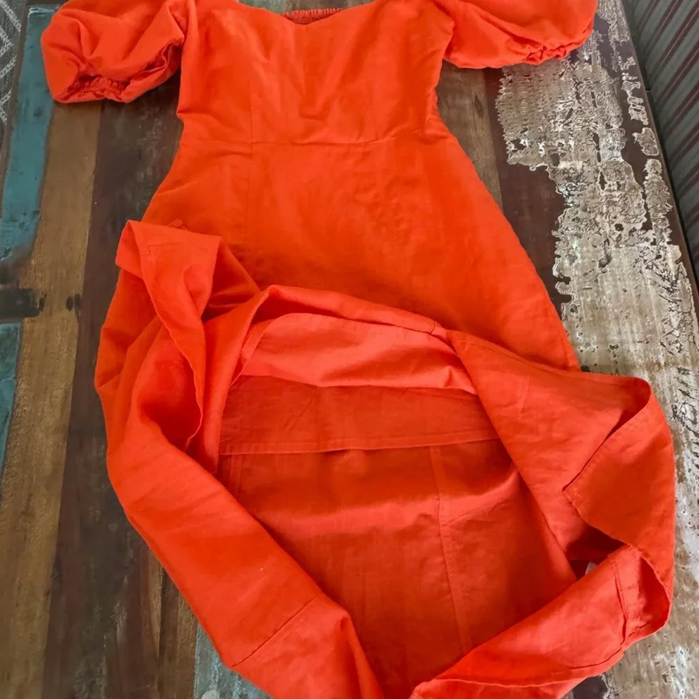 NWOT Banana Republic Orange Linen Blend Puffy Sleeve Side Slit Dress Size 2 - Picture 12 of 14